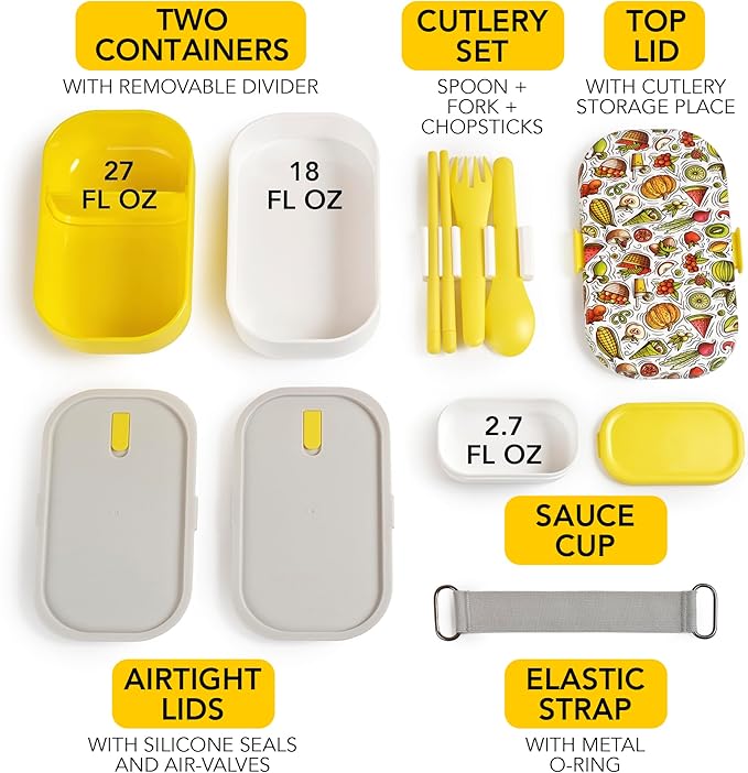 Insulated Stackable Bento Box for Adults with Reusable Chopsticks Japanese Lunch Box Microwavable & Leak Proof Lunch Containers for Men & Women Modern Cute Food Container with Compartments (Yellow)