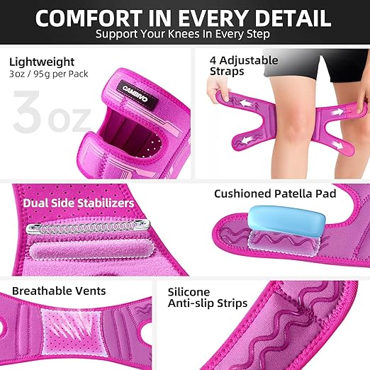 CAMBIVO Knee Brace for Men and Women, Patella Tendon Knee Strap with Gel Pad and Side Stabilizers, Adjustable Knee Band for Knee Pain Relief, Lightweight Knee Support for Workouts, Running, Training (Hot Pi, S/M)