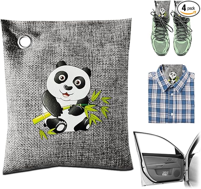 4 Pack charcoal odor absorber,Bamboo Charcoals Air Purifying Bag Charcoals Deodorizer Eliminator for Strong Odors in Car, Closet, Shoe, Basement (200G*4 Pack Panda, Unscented)