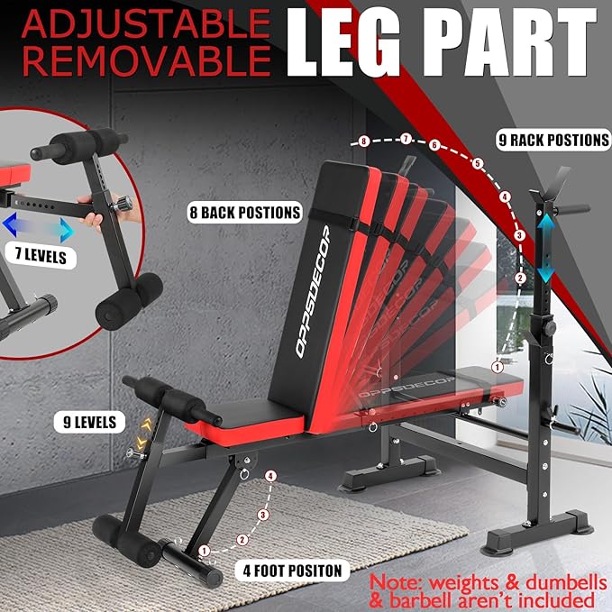 OPPSDECOR 8-in-1 Foldable Weight Bench Set with Squat Rack, Adjustable Bench Press Home Gym System for Full-Body Workout, Flat Incline Decline Sit Up Bench with Removable Foot Catch & Elastic Ropes