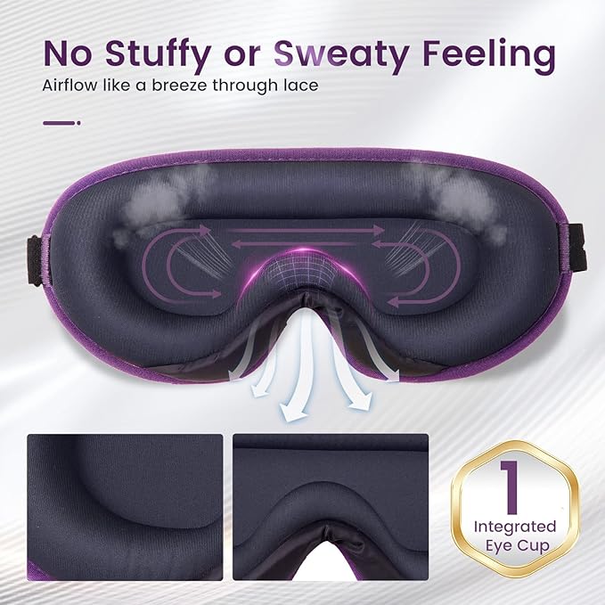 ringchan Full Blackout Sleep Mask for Meditation & Yoga – Soft, Skin-Friendly & Zero-Pressure on Eyelids – Ideal for Sleep, Travel & Relaxation – Deep Lavender Purple