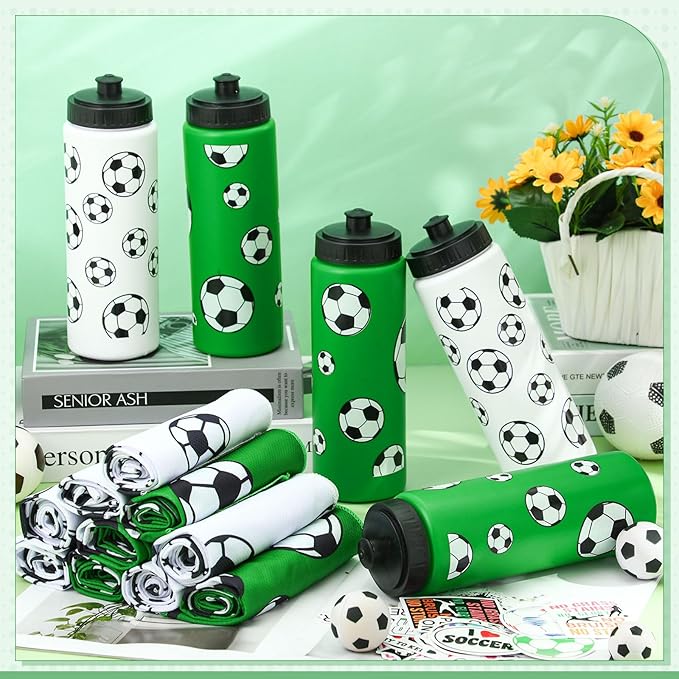 24 Pcs Soccer Water Bottle Soccer Cooling Towel Set with 50 Sticker Sports Party Favors Include 6 Reusable Sports Squeeze Water Bottle 6 Ice Towel Breathable Fast Drying for Team Gifts
