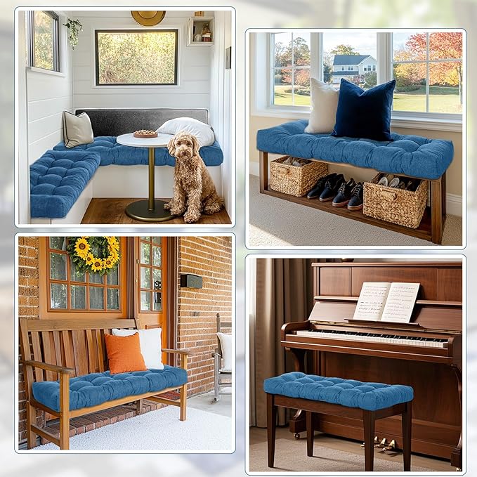 2 Pack Outdoor Bench Cushion Patio Waterproof Porch Swing Cushions Tufted Memory Foam Bench Seat Pads Thicken Non Slip for Outside Indoor Garden Furniture Wicker Loveseat Settee(Blue,42x16 Inch)