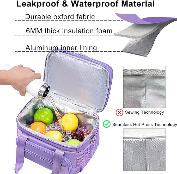 Weitars Insulated Lunch Box for Women Men-Dual Compartment Waterproof Reusable Large Lunch Bag Wide-Open Tote Cooler Bag for Working Picnic Hiking (15L) (Purple)