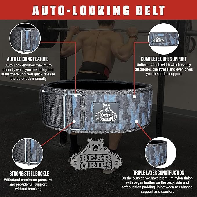 Bear Grips Weight Lifting Belt, Weightlifting Belt for Women, Weight Belt For Men Gym Belt With Locking Buckle, Nylon Belt, Squat Belt, Deadlift Belt, Workout Belt, Exercise Belt for Back Support