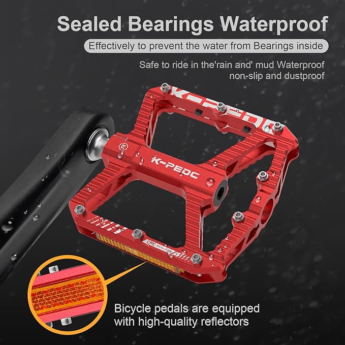 Mountain Bike Pedals MTB Pedals,Bicycle Pedals with Reflectors,Aluminum 9/16" 3 Sealed Bearing Lightweight Platform for Mountain Bike, BMX, Road Bike Pedals