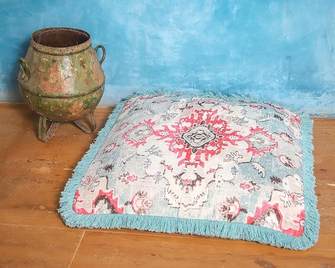 Mandala Life ART Square Meditation Cushion Cover with Fringes - 26 inches - Printed Vintage Blue Cotton Boho Chic Pillow Case