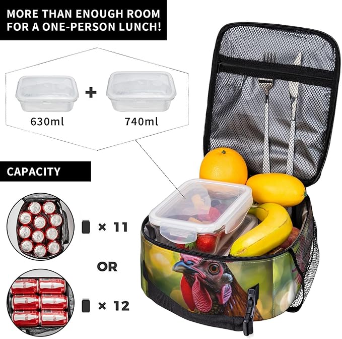 Insulated Lunch Box for Women Men, Rooster Theme Lunch Box Reusable Portable Lunch Bag Cooler Tote Waterproof Lunch Container for Office Picnic Work Travel