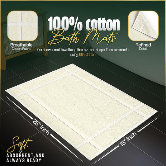 Pearl Linens Pack of 2 100% Cotton Bath Mat 18x25 inches, Soft & Absorbent Quick Dry Bathroom Mats Set, Not Bathroom Rugs, After Shower Mats, Bath Tub Mat, 687 GSM, Machine Washable, Ivory