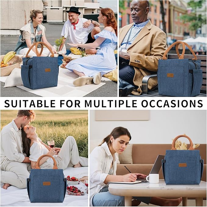 Joymee Lunch Bag Women Insulated Lunch Box with Adjustable Shoulder Strap Large Reusable Adult Lunch Box Lunch Tote Lunch Bag with Water Bottle Holder and Side Pockets for Work-Navy Blue