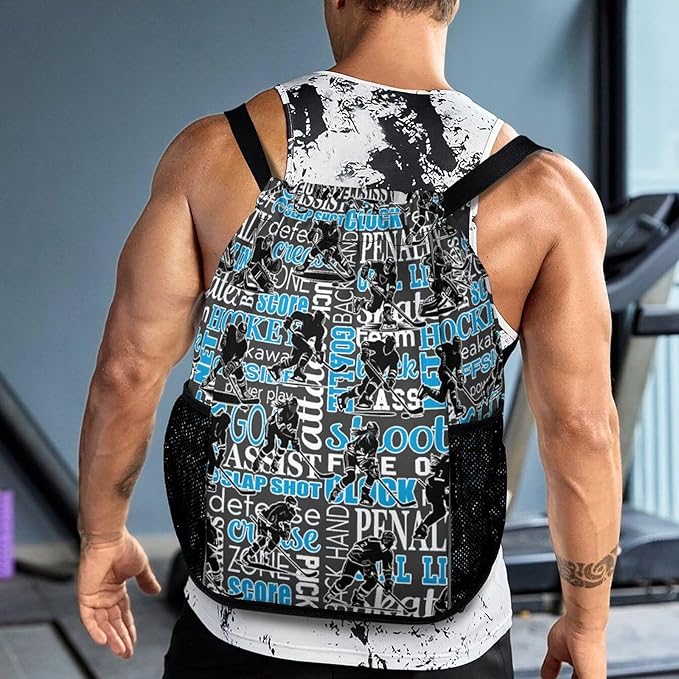 Hockey Drawstring Backpack - Cool Cinch Sack, String Backpacks with Pocket for Kids Women Men Boys Girls for Gym Outdoor Sports Travel Athletic Drawstring Bag - Lightweight/Foldable