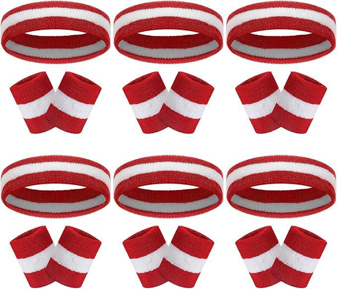 18 Pcs Sweatbands Headband Wristband Set Colorful Striped Terry Cloth Sports Athletic Gym 80s Sweat Headbands