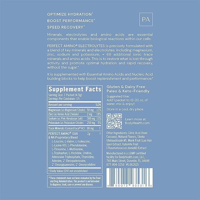 BodyHealth PerfectAmino Electrolyte Drink Mix – Passionfruit – No Sugar, Keto & Fasting Friendly, Hydration with Trace Minerals – Stick Packs