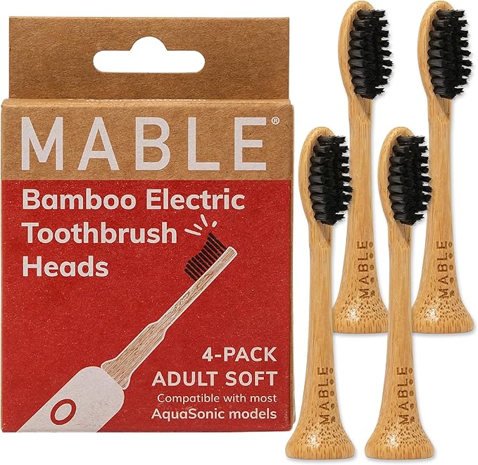 Bamboo Electric Toothbrush Heads | Compatible with Aquasonic Electric Toothbrush | 4 Brush Heads with Soft Bristles | Plant-Based Adult Size Replacement Heads