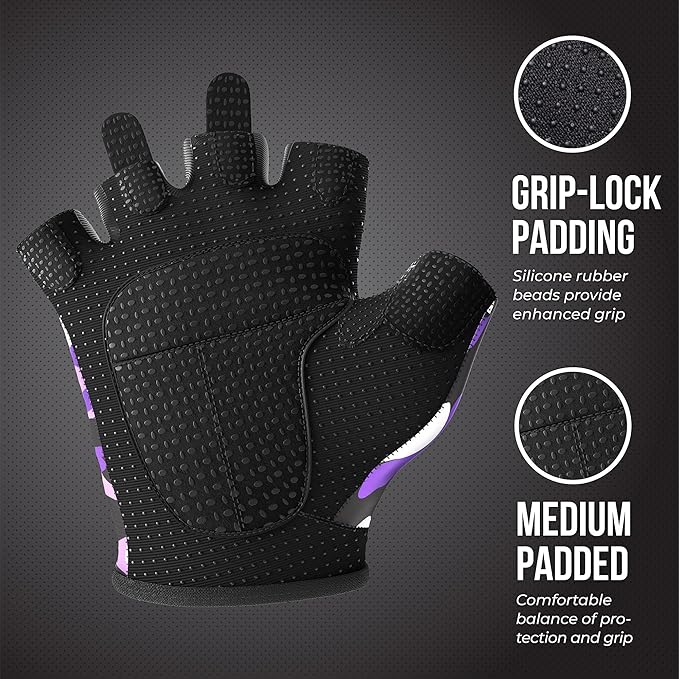 5217 Women's Design Series Camo Print Lifting and Rowing Gloves (Pair) - Lightweight Vegan Medium Padded Microfiber Amara Leather w/Griplock Silicone