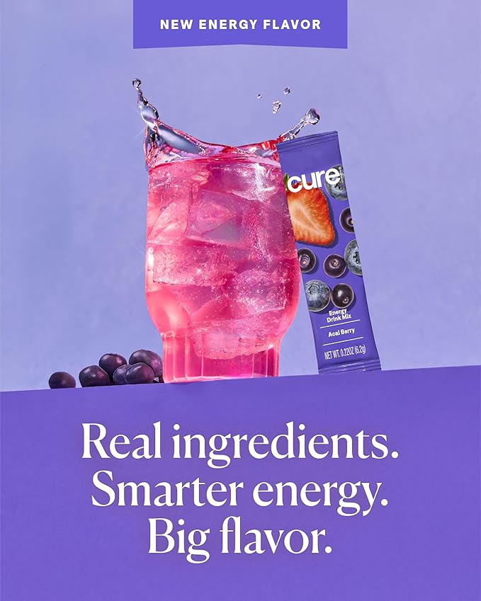 Cure Hydration Performance | Plant-Based Electrolyte Energy Drink Mix | No Added Sugar | Dehydration Relief Powder | 100mg of Caffeine | Non-GMO | Vegan | Pouch of 14 Packets - Acai Berry