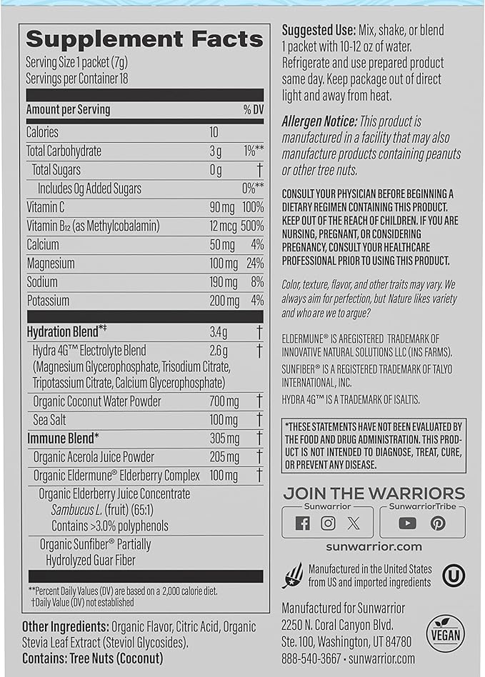 Electrolyte Powder Hydration Packets Powder B12 Elderberry | Coconut Berry Flavored 18 Stick Packs Box | Vegan and Plant-Based Sugar Free