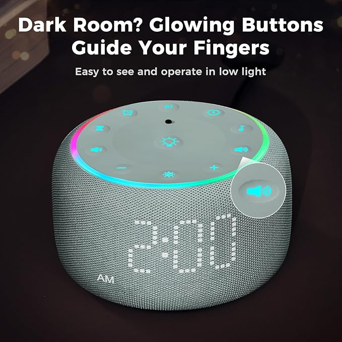 White Noise Machine Alarm Clock: Auto-Dimmable Clock for Bedrooms - 5W Stereo Bluetooth Speaker - Sound Machine with 24 Sleep Sounds for Adults Kids