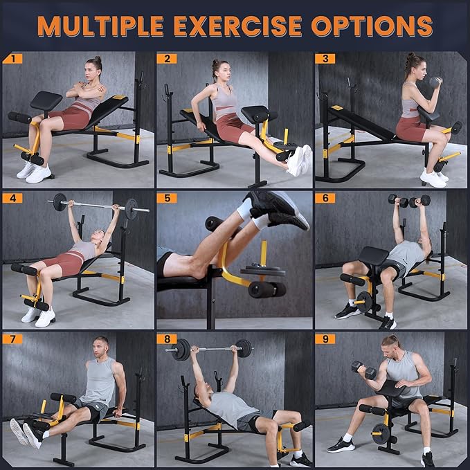 SPORTSOUL Adjustable Weight Bench Press Set with Squat Rack Dual Function Leg Exercises Preacher Curl Rack Pad Strength Training for Home Gym Full Body Workout Multi-functional, Balck and yellow