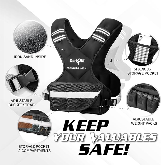 Yes4All Adjustable Weighted Vest 11-32lbs with Reflective Strip, Large Weight Vest for Strength Training for Men & Women
