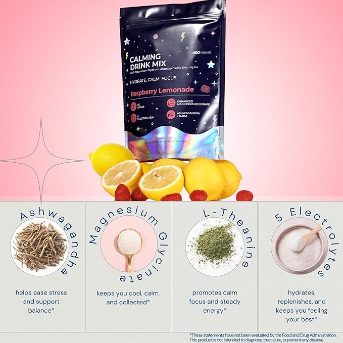 Calm Magnesium Glycinate Drink Mix with Electrolytes – Sugar Free Powder with Ashwagandha, L-Theanine, Vitamin B & GABA – Cortisol Support, Stress Relief, Hydration & Focus - 20 servings (Raspberry)
