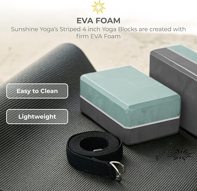 Sunshine Yoga 4" Striped Yoga Block, 4 Pack Bulk EVA Foam Yoga Blocks, Firm and Supportive Yoga Brick, Balance Foam for Stretching, Pilates, and Workout, 4" x 6" x 9"