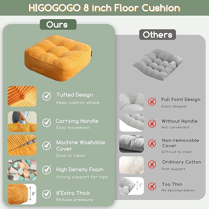 8" Washable Floor Pillow Cushion for Adults, Meditation Cushion Pillow, Large Square Floor Sitting, Removable Tufted Corduroy Cover, for Tatami Living Room or Yoga, 22x22 Inch, Machine Washable