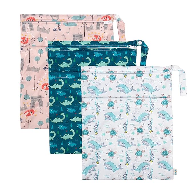 babygoal Wet Dry Bags 3 Pack for Baby Cloth Diapers, Washable Travel Bags, Beach, Pool, Gym Bag for Swimsuits & Wet Clothes with Two Zippered Pockets 3LN17