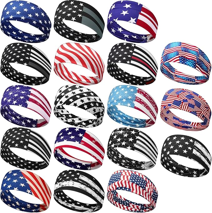 18 Pcs Sports Sweatbands for Men Women Camo Headbands Workout Non Slip Headbands Breathable Head Band Fitness Stretchy Unisex Hairband for Yoga Running Cycling Ball