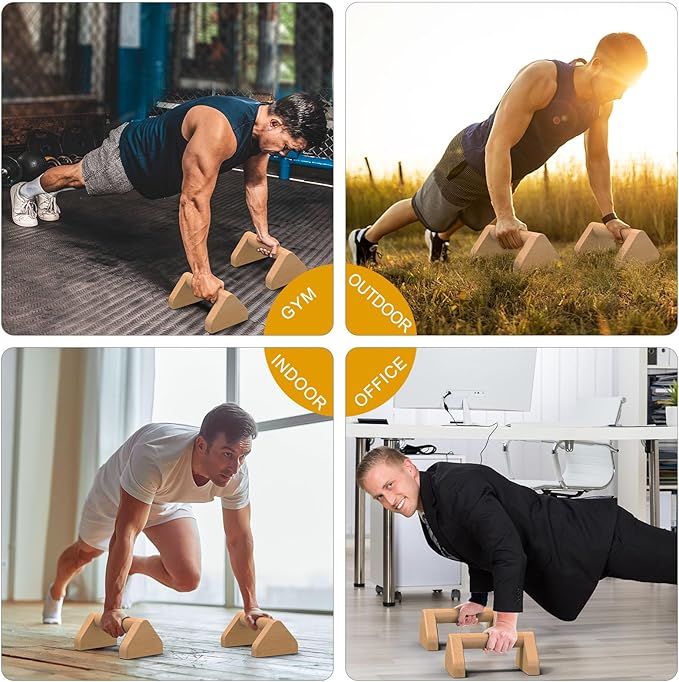 Kipika All-Wood Push Up Bars - 4" Beech Wood Push-up Handles for Floor, Non-Slip Rubber Base, Triangular Pushup Stands, Home Gym Fitness Equipment Perfect for Dips, L-Sit, Strength Training