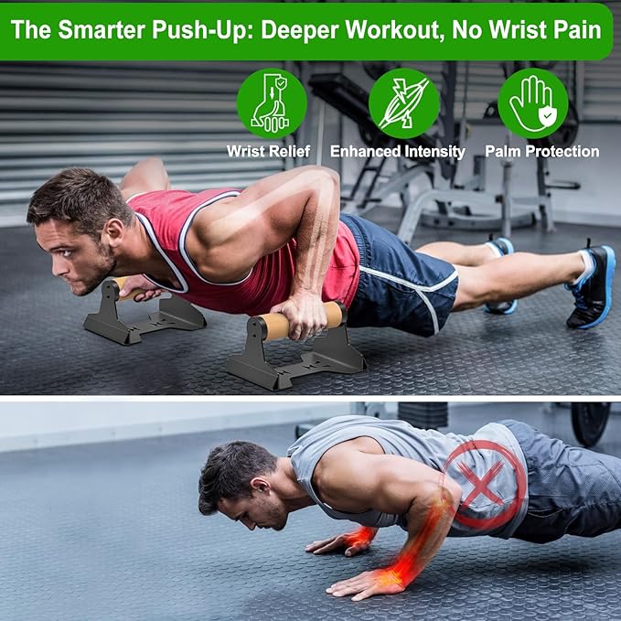 SELEWARE Wood Push Up Bars, Heavy-Duty Steel Pushup Stands, Floor Workouts Push Up Handles, Non-Slip Lion Design Base Parallettes Bars for Calisthenics, Handstand & Strength Training, Supports 600lbs