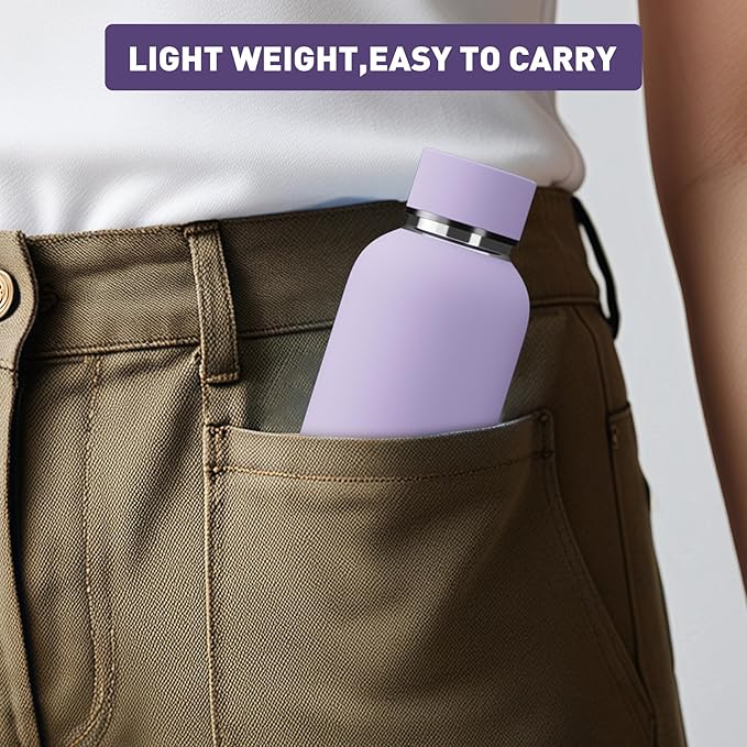 Small Water Bottle 12oz with Clip, Double Wall Stainless Steel Vacuum Small Insulated Water Bottle Keeps Drinks Cold 24 Hrs/Hot 12 Hrs for Kids Handbag School BPA Free (Purple)