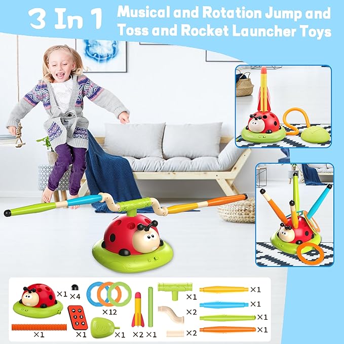 Engfa 3 in 1 Musical Jump, Toss Ring Game and Stomping Launch Rocket Launcher for Kids Toys for Girls Boys 3-5, Sports & Outdoors Toy for Ages 5-7 with Remote Control Outside Toys for Kids Ages 4-8