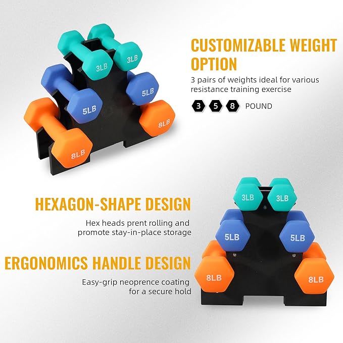 Colored Neoprene Dumbbell Set with Rack, Multiple Weight Options, 20LBS, 32LBS, 50LBS and 56LBS Sets