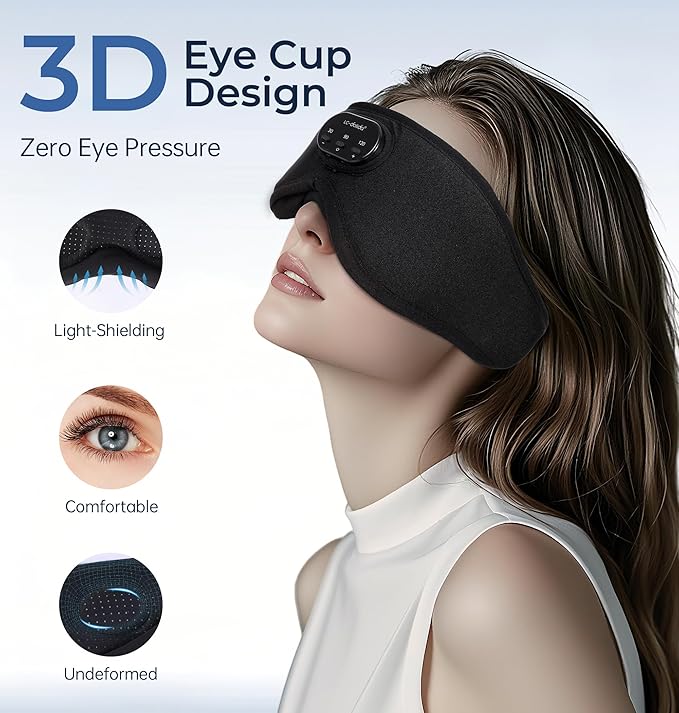 LC-dolida Bluetooth Sleep Mask with White Noise,Sleep Headphones,Bluetooth Wireless Music Eye Mask, Ideal for Travel, Night Work, Napping, Side Sleeping and Office Use for Both Men and Women(Black)