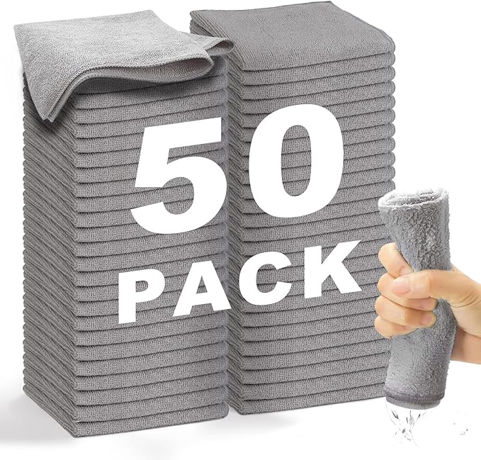 Microfiber Cleaning Cloth Grey-50Pcs (13x13 inch) 2100 Series Ultra Soft Highly Absorbent Rags for Cleaning, Reusable and Lint Free Cleaning Towels for Housekeeping-Machine Wash (Gray)