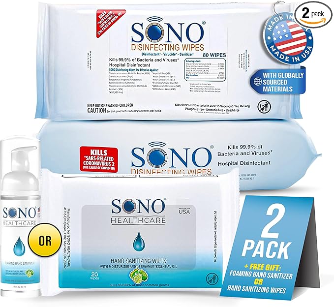 SONO Disinfecting Wipes - 160 Count (Pack of 2) + Sanitizer, Medical-Grade, Alcohol-Free, No Bleach, Gentle & Effective Multi-Surface Cleaning Solution, Larger Sheets
