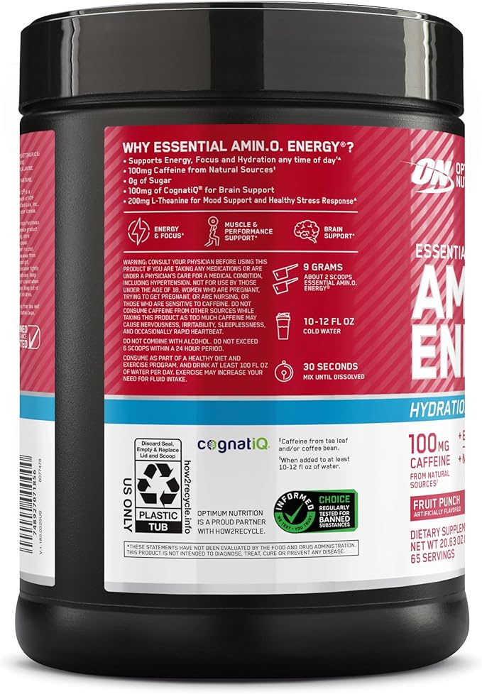 Optimum Nutrition Amino Energy Powder Plus Focus, with BCAA, Electrolytes, and Caffeine, Fruit Punch, 65 Servings (Packaging May Vary)