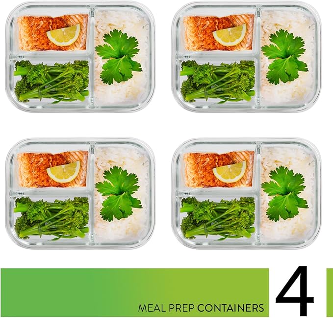 PrepNaturals 4 Pack 34 Oz Glass Meal Prep Containers - Dishwasher Microwave Freezer Oven Safe - Glass Storage Containers with Lids (Multi-Compartment)