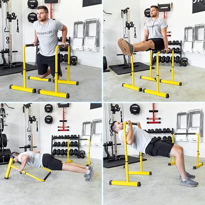 Synergee Dip Bar. Adjustable Dip Station from 30” – 39” for Dips, Inverted Pull Ups. Max capacity 400 lbs. Portable Dip Stand for Total Body Workout. Available in Yellow and Black.