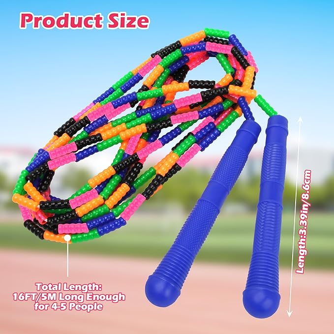 Coolrunner 16 FT Long Jump Rope(4 PACK), Double Dutch Jump Ropes Soft Beaded Skipping for Kids Adults Plastic Segmented Long Enough for 4-5 Jumpers