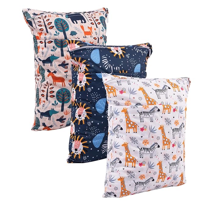 babygoal Wet Dry Bags for Baby Cloth Diapers, Washable Travel Bags, Beach, Pool, Gym Bag for Swimsuits & Wet Clothes with Two Zippered Pockets 3 Pack, 3LN25