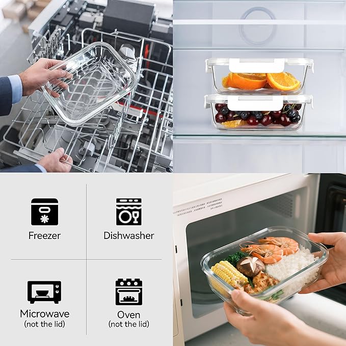 BAYZZ Glass Food Storage Containers, 5 Pack 35 Oz Glass Meal Prep Containers, Lunch Boxes with Airtight BPA-Free Lids, Microwave, Freezer and Dishwasher Safe,White