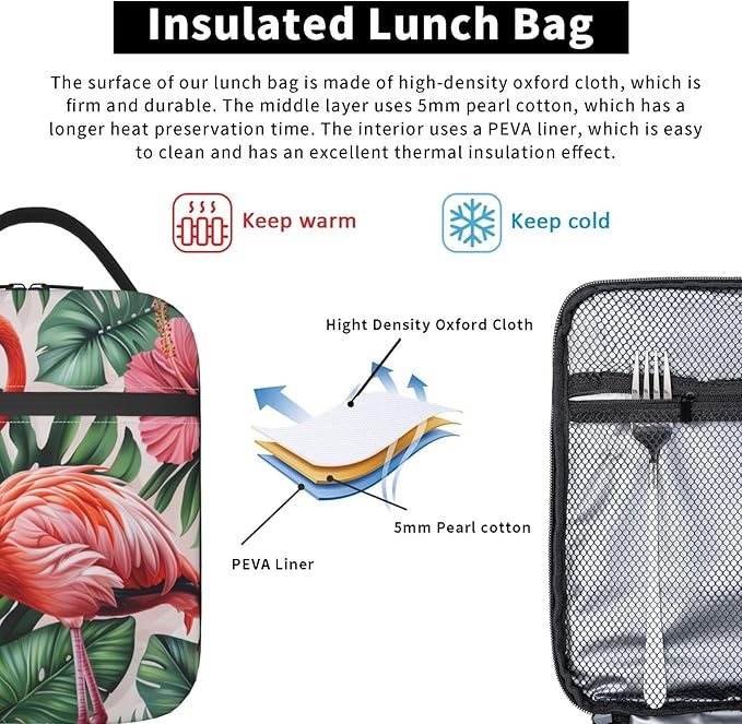 Lunch Box for Women Men,Pink Flamingo Insulated Lunch Box Reusable Portable Lunch Bag Cooler Tote Waterproof Lunch Container for Office Picnic Work Travel Hiking