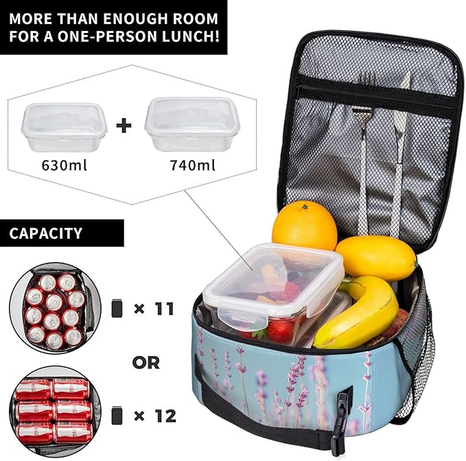 Lunch Box for Women Men, Lavender Insulated Lunch Box Reusable Portable Lunch Bag Cooler Tote Waterproof Lunch Container for Office Picnic Work Travel Hiking