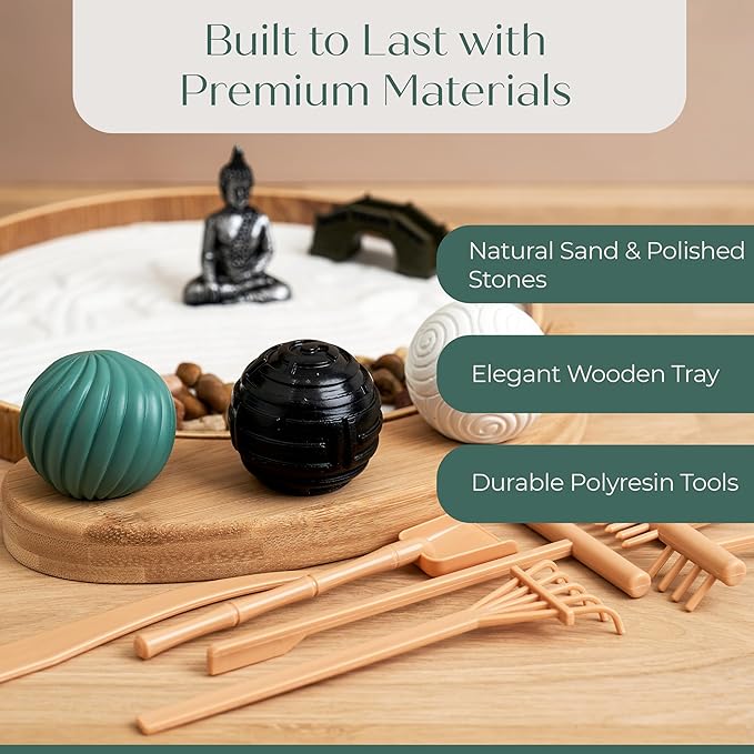 Zen Garden for Desk – Mini Zen Garden Kit for Calming Stress & Relaxing - Japanese Sand Box with Tray, Buddha, Tree, Sand, Rakes, Pebbles & Balls – Sensory Relaxation Gift for Home & Office Decor