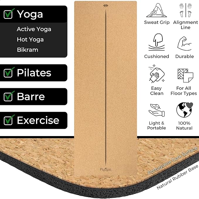 Ultimate Cork Yoga Mat – Non-Slip Ultra-Premium Cork | Thicker, Longer & Wider for Extra Comfort | 100% Natural Grip & Eco Friendly | Optional Alignment Lines | For Yoga, Bikram & Hot Yoga