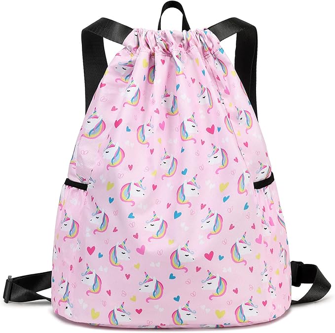 Unicorn Gym Drawstring Backpack, Sports Gym Bag for Girls Kids Waterproof Swimming Beach Sackpack Birthday Christmas Gift with Water Bottle Pocket Pink