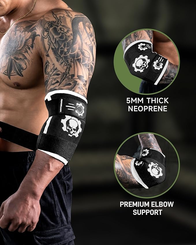 MANUEKLEAR 5mm Neoprene Weight Lifting Elbow Sleeves for Men (1 Pair), Elbow Sleeves Weightlifting Men with 2 Adjustable Compression Straps for Bench and Powerlifting & Weightlifting