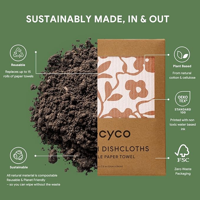 RECYCO Swedish Dishcloths for Kitchen | 6 Pack Floral Geo Washable Dish Rags | Cellulose Reusable Cleaning Paper Towels | Absorbent Counter Dish Cloth Sponge Kitchen Wipes, 8" L x 7" W